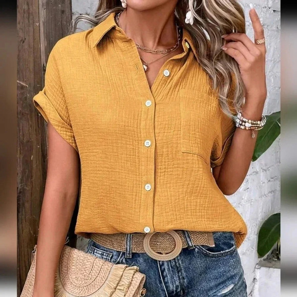 Cotton Crinkle Short Sleeve Button Down Shirt - Picture 3 of 5